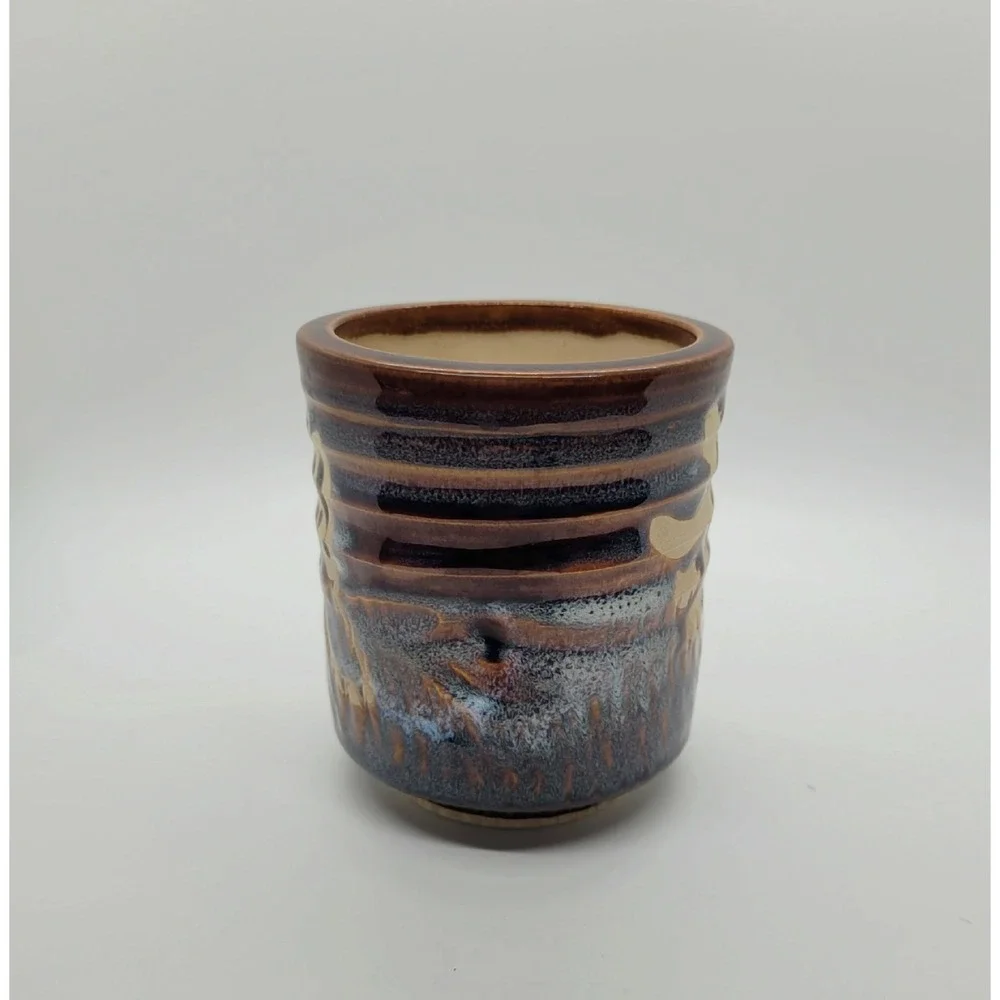 Japanese Ceramic Yunomi Tea Cup Brown Blue Tenmoku Glaze Kanji Calligraphy 4